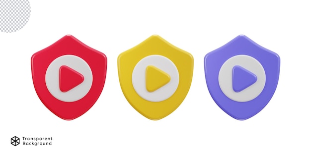 3d protect shield with media play button icon set