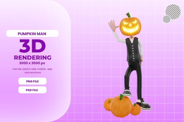 3d pumpkin man waving hand illustration premium psd