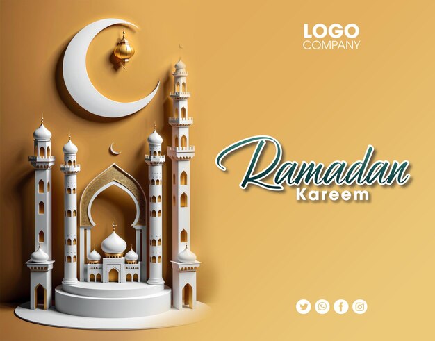 PSD 3d ramadan or islamic holiday celebration banner layout with mosque lanterns