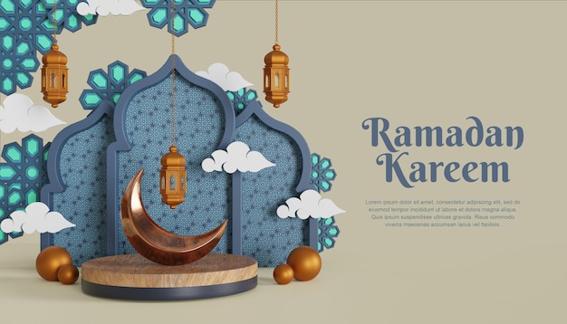 3d ramadan kareem background with lamp and moon