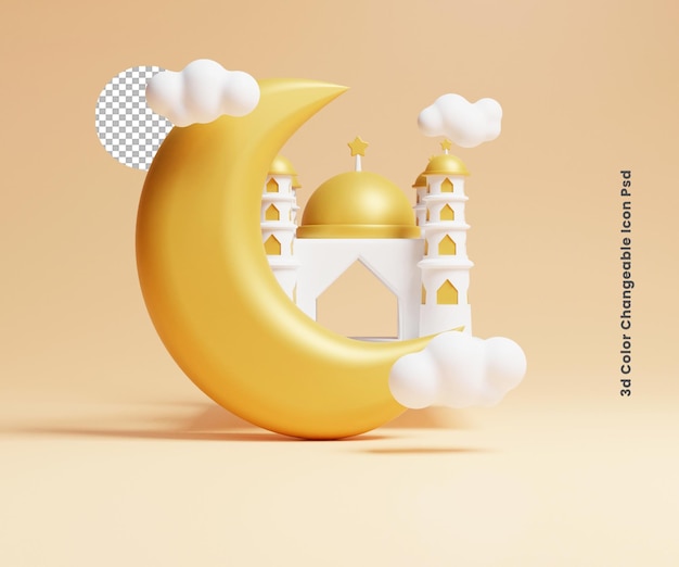 3d Ramadan moon with mosque and cloud or 3d ramadan object illustration