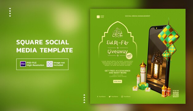 PSD 3d ramadan social media template with smartphone mockup