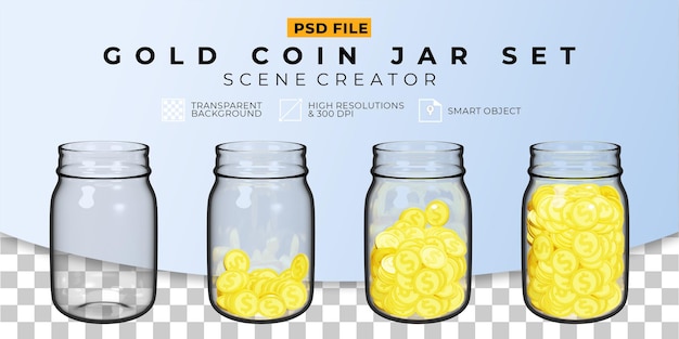 3d realistic coin in jar set transparent