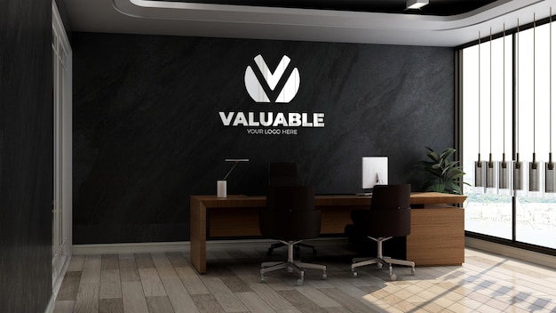 3d realistic company logo mockup in office business manager room with stone black wall