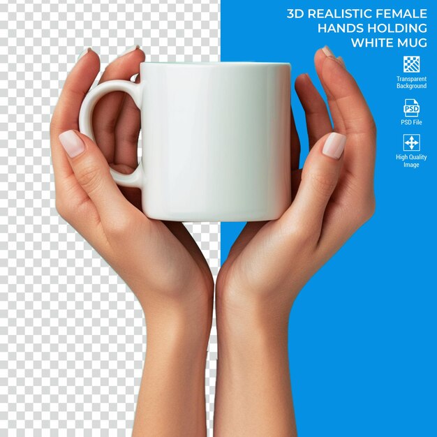 PSD 3d realistic female hands holding white mug isolated on transparent background psd