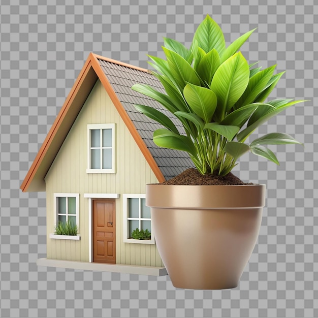 3d realistic house green plant in pot illustration on transparent background