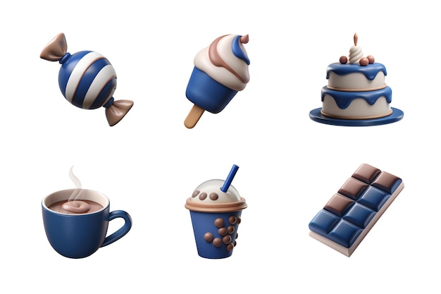 PSD 3d realistic icon set candy chocolate bubble tea coffee cake icecream