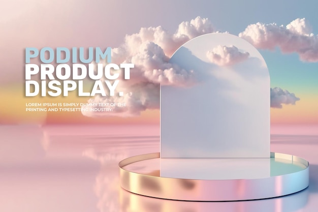 3d realistic podium mock up isolate with blue sky soft clouds product display stand