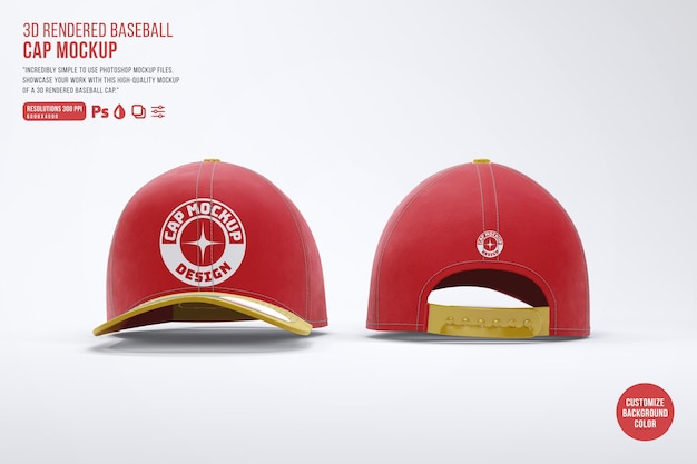 3D Realistic rendered baseball cap mockup front and back side view