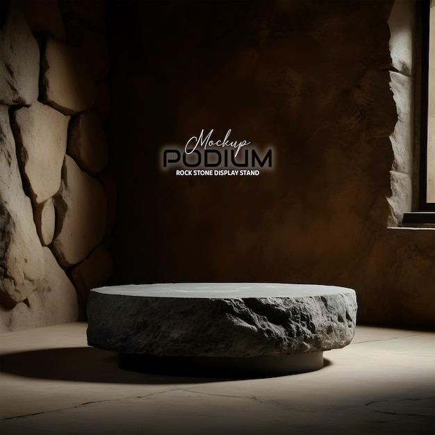 3d Realistic stone pedestal round rock podium mockup in ancient kingdom dark studio background