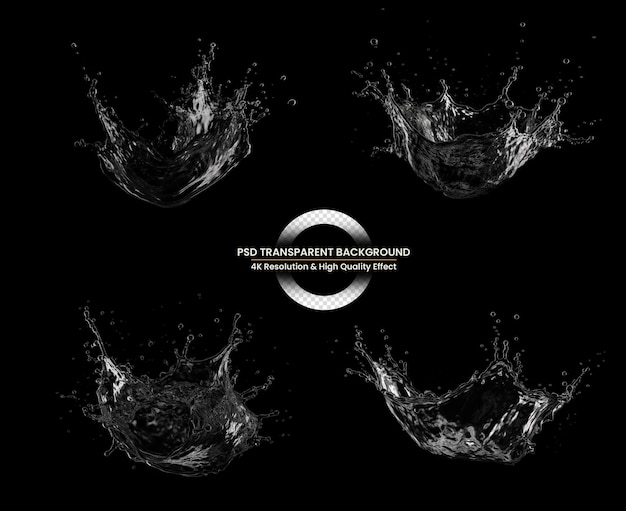 3D realistic transparent isolated PSD splash of water with drops in the form of a crown on black