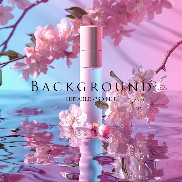 PSD 3d realistic white cosmetics product with pink flower