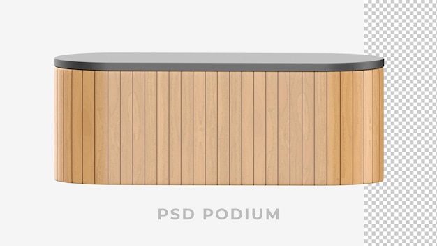 3D realistic wood plank podium with roundblack marble top