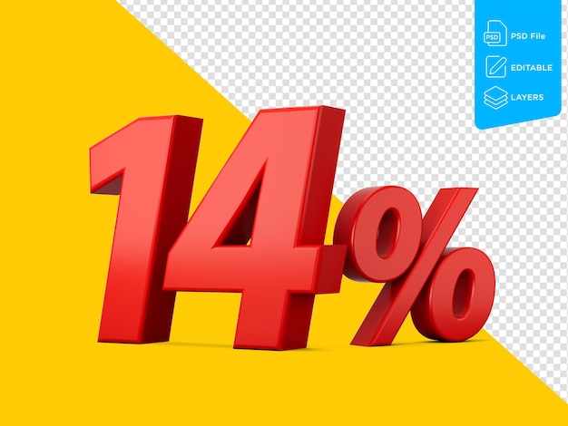 3d Red 14 Fourteen Percent Sign On Yellow Background 3d Illustration