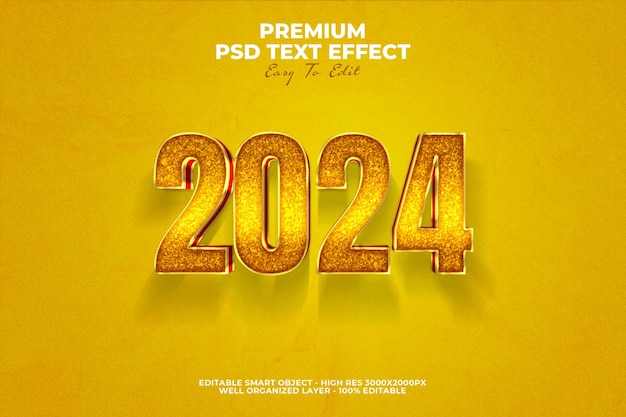 PSD 3d red gold new year 2024 text effect