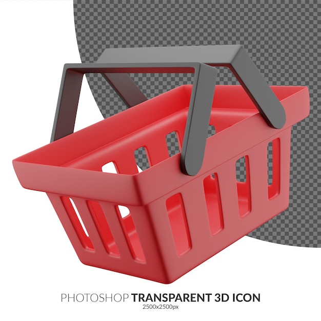 3D red shopping or groceries basket with black handle in black color Floating angle 3d icon