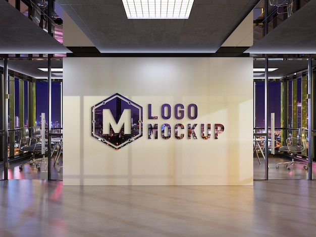 3D reflective logo on office wall at night Mockup