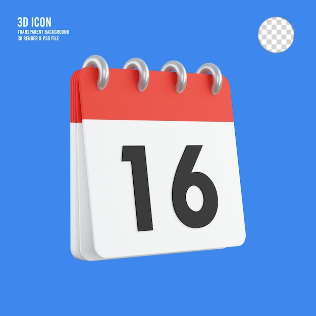 3d render 16 on calendar icon transparent background