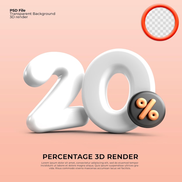 3D Render 20 percentage icon number discount white color