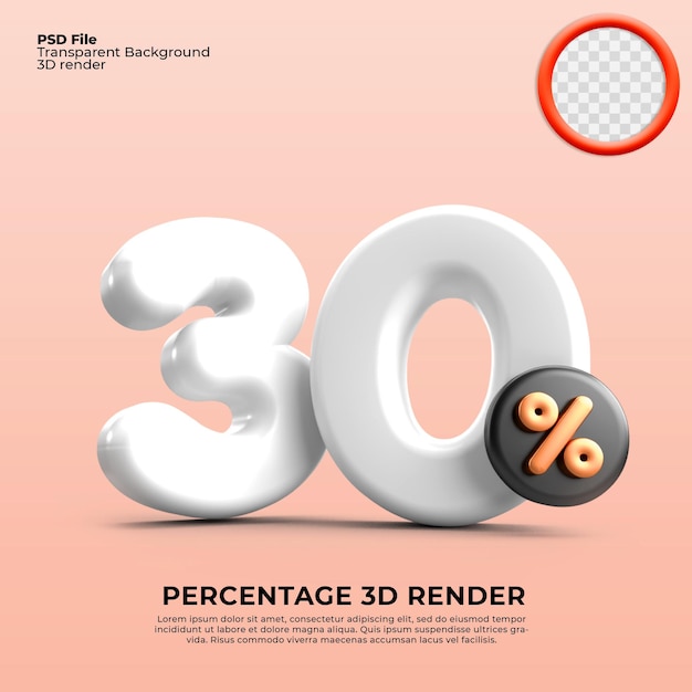 3D Render 30 percentage icon number discount white color