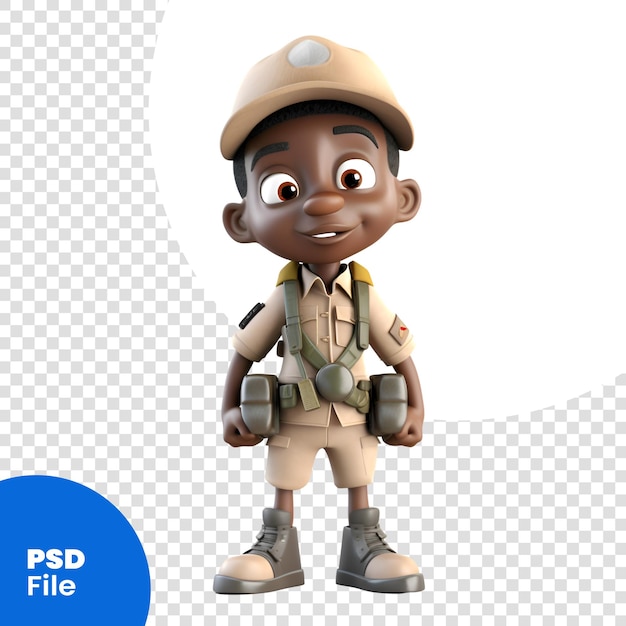 3D Render of an African American boy scout with backpack and hat PSD template