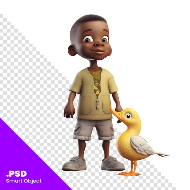 3D Render of an African American Boy with a duck isolated on white background PSD template