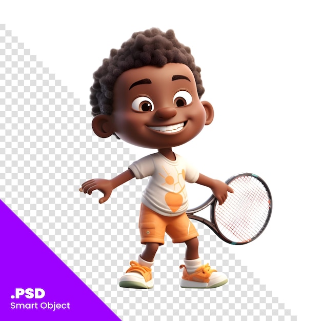 3D Render of an AfricanAmerican Boy with Tennis Racket PSD template