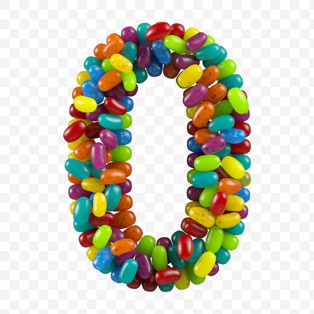 3d render alphabet number 0 made of jelly beans candy isolated on an isolated background