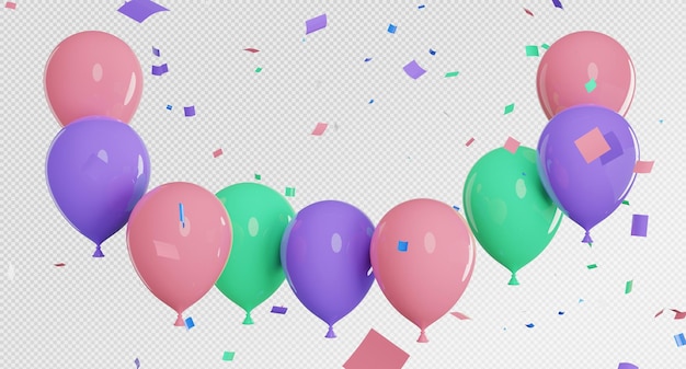 3d render of balloons with confetti flying isolated