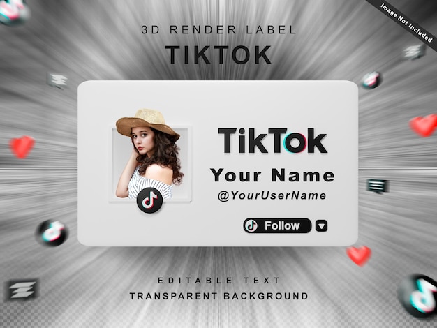 PSD 3d render banner icon profile on tiktok follow me label isolated