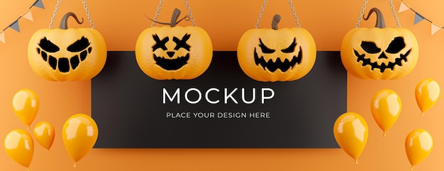 PSD 3d render of black poster with halloween discount concept,pumpkin,balloons,for product display