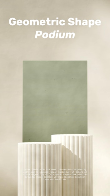 3d render blank mockup curved beige podium in portrait green rough texture rectangle backdrop