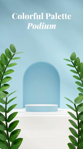 3D render blank mockup of light blue and white podium in portrait with zamia house plant background