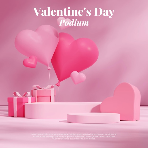 3d render blank mockup pink round podium valentine's day in square hearts balloon and gift box