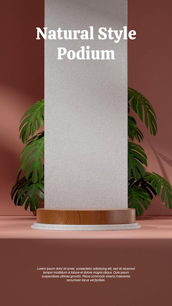 3D render blank mockup wood texture podium in portrait white granite wall and monstera plant