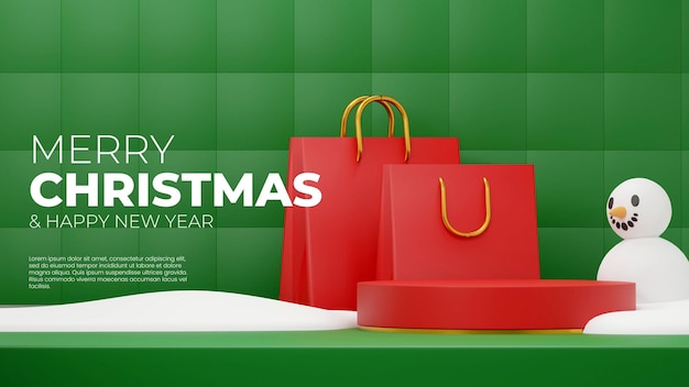 3D render blank space christmas red cylinder podium in landscape shopping bag and snowman