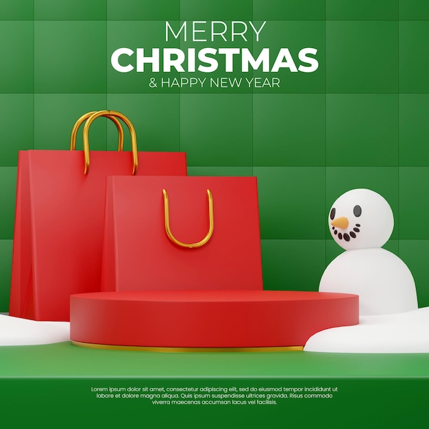 3D render blank space christmas red cylinder podium in square shopping bag and snowman