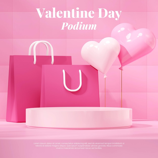 3d render blank space round cylinder pink podium in square shopping bag and love baloon
