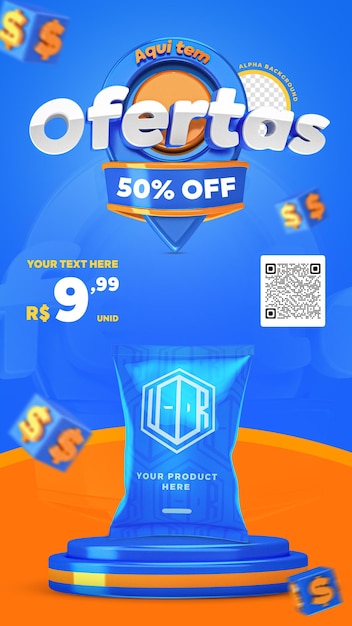 3d render blue and orange here have offers promotion instagram stories social media post template