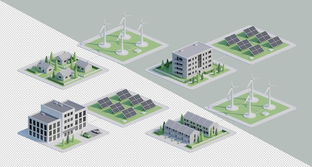 3d render buildings with solar panels and wind turbines isometric