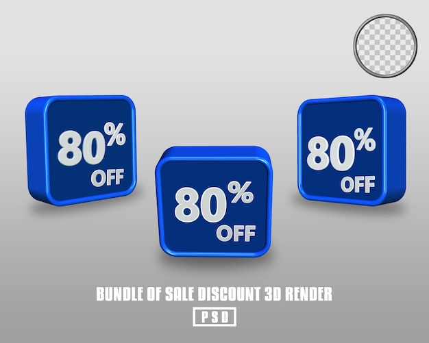 3D render bundle of sale discount percentage blue button color