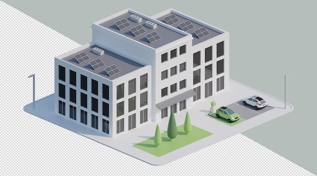 3d render business office builing with solar panels and electric car and parking isometric