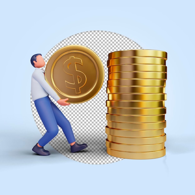 3d render businessman lifting coins