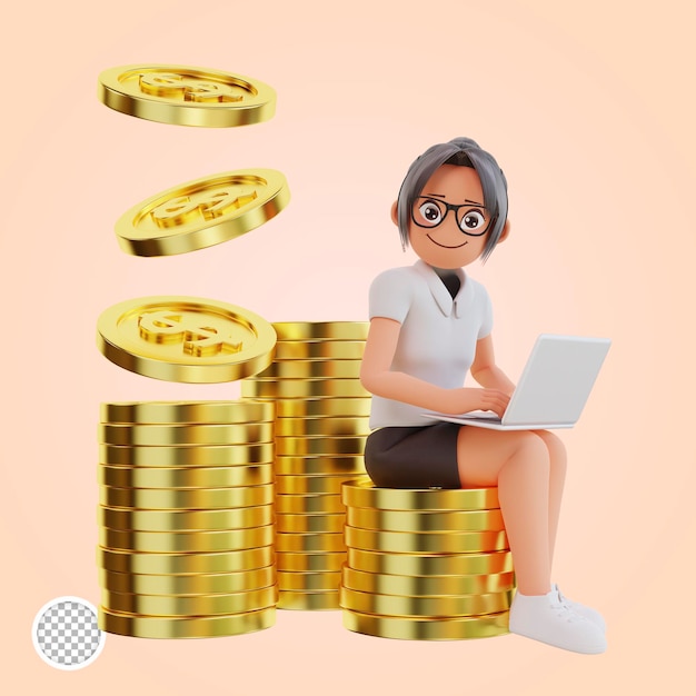 3d render Businesswoman sit on the dollar coins