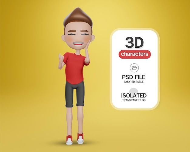 3d render Cartoon boy character in  red shirt and black pant    shy boy