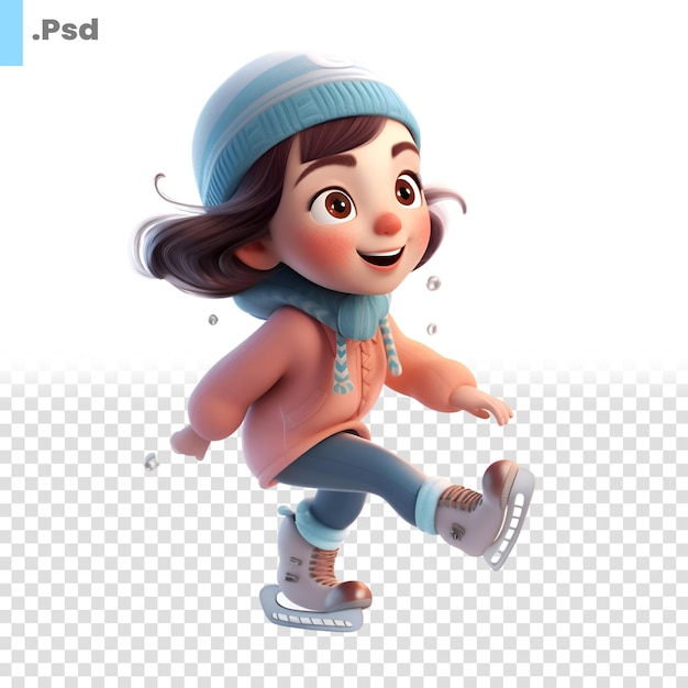 3d Render of Cartoon Figure Skating Girl with hat and scarf PSD template