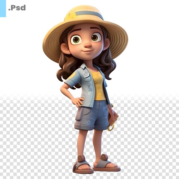 3D Render of Cartoon Little Girl with safari hat and backpack PSD template