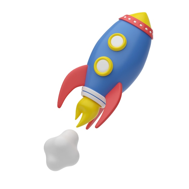 3D render Cartoon rocket flying up A symbol of space startup achievement of goals 3D plastic business icon for website application and user interface design Isolated illustration