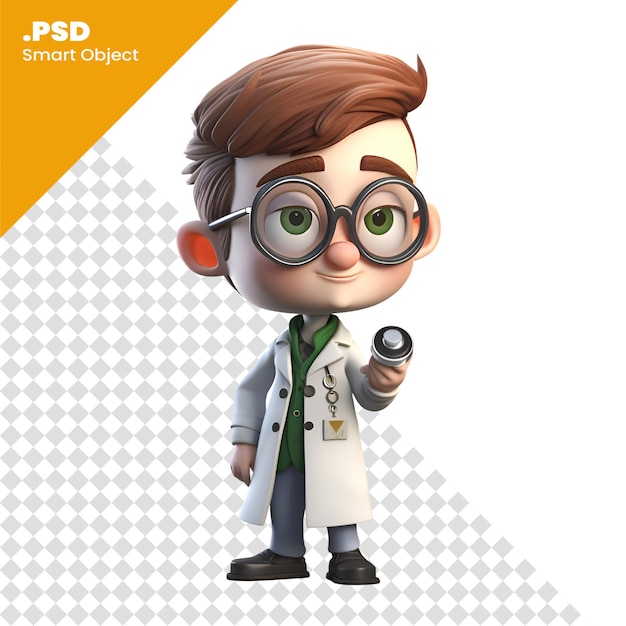 3D Render of a cartoon scientist with stethoscope and glasses PSD template