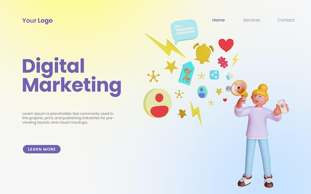 3d render character holding megaphone doing digital marketing landing page template